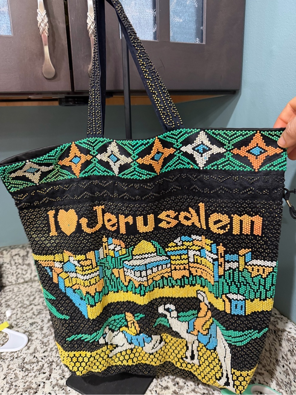 Source Unknown Black Multicolor Beaded "I ♥ Jerusalem" Tote